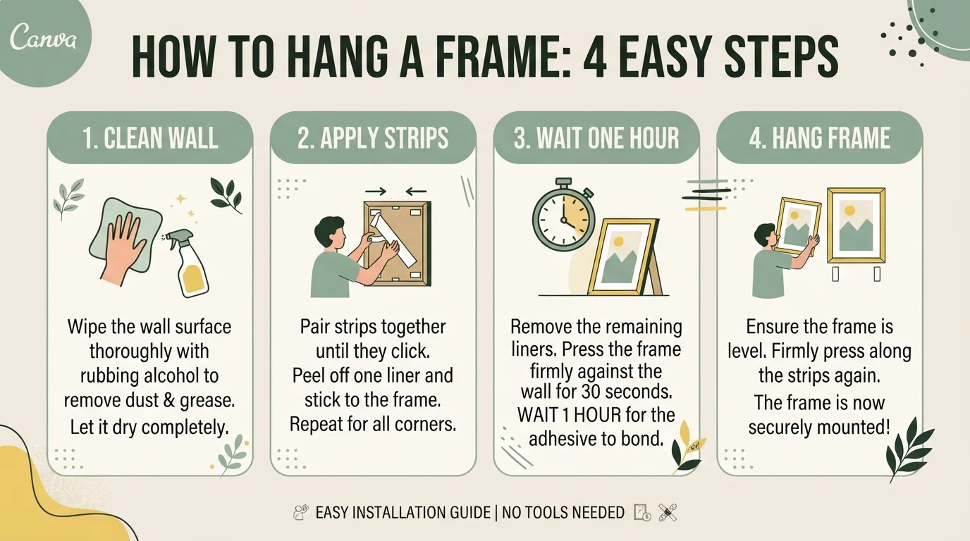 Renter measuring and marking frame placement on apartment wall with level and painter's tape